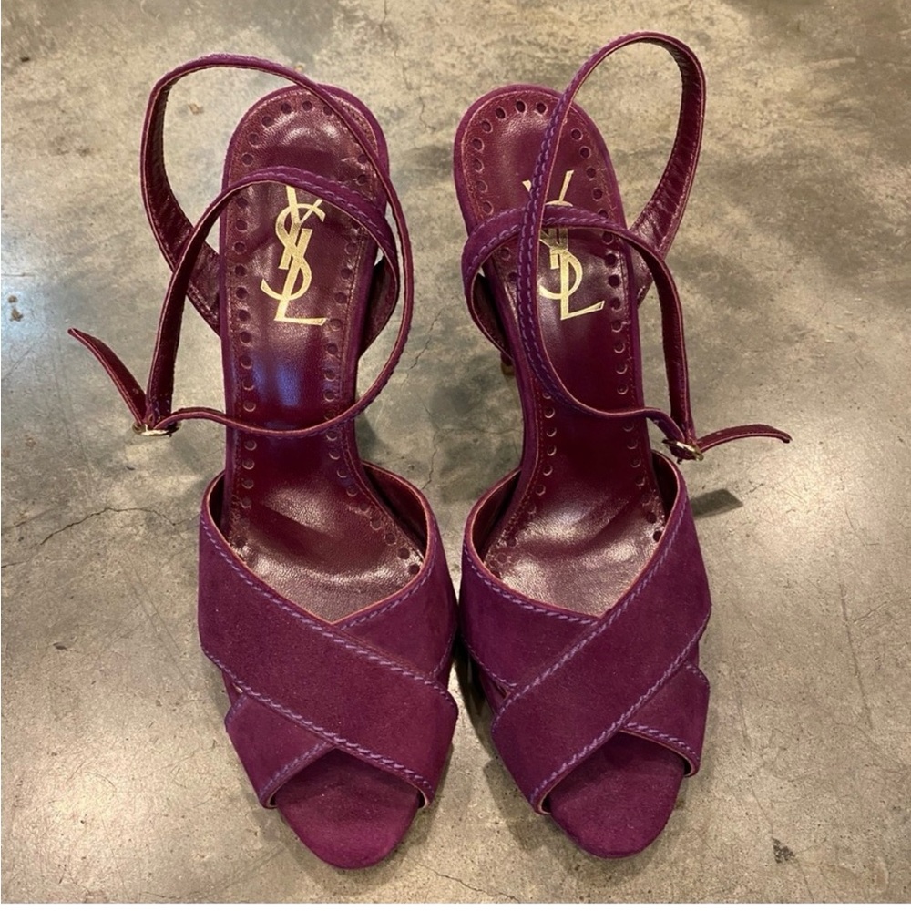 Saint Laurent Deep Plum Suede Slingback Heels - Picture 3 of 5